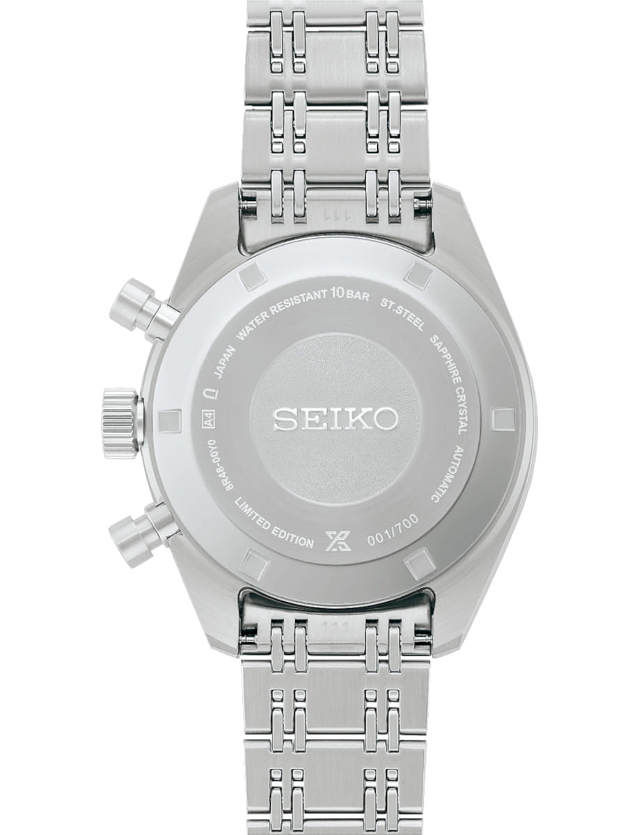 Back view of Seiko wristwatch with stainless steel case and bracelet.
