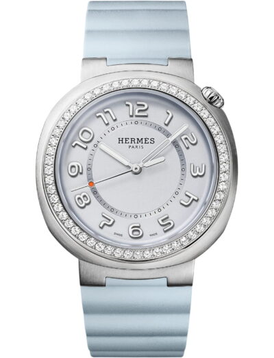 Hermes wristwatch with stainless steel case, opaline light blue dial and blue rubber strap