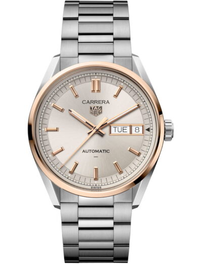 Tah Heuer wristwatch with stainless steel case and bracelet,solid rose gold bezel and beige dial.