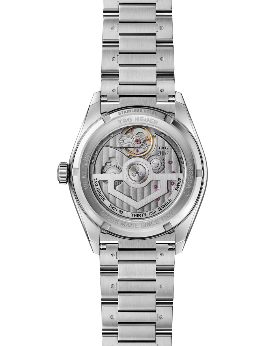 Back view of Tah Heuer wristwatch with stainless steel case and bracelet, and sapphire crystal case back.