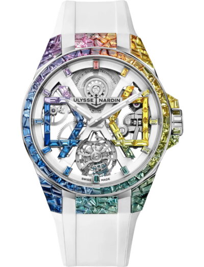 Ulysee Nardin wristwatch with 18k white gold case, openworked dial and white rubber strap