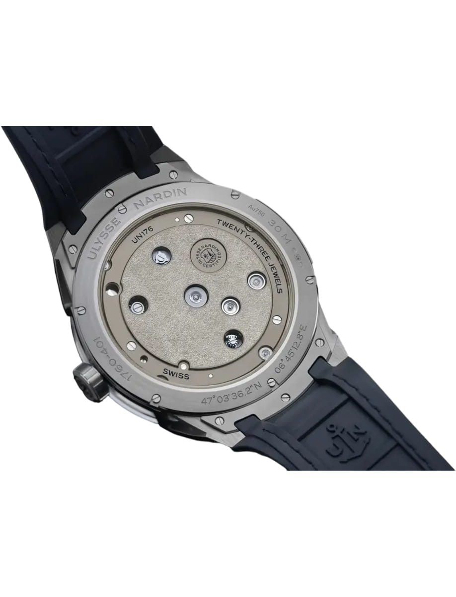 Back view of Ulysse Nardin wristwatch with 18k white gold case, nickel silver dial and velvet rubber strap