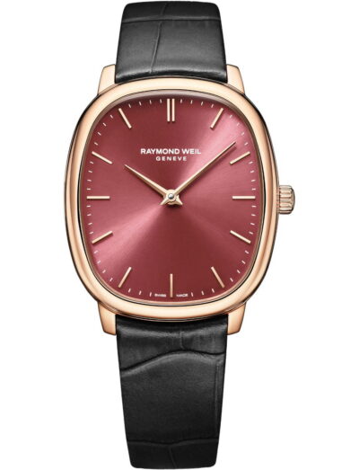 Raymond Weil wristwatch with stainless steel case, sunrayed red grape dial, black genuine calf leather. | Feldmar Watch Co. Raymond Weil wristwatch with stainless steel case, sunrayed red grape dial, black genuine calf leather.