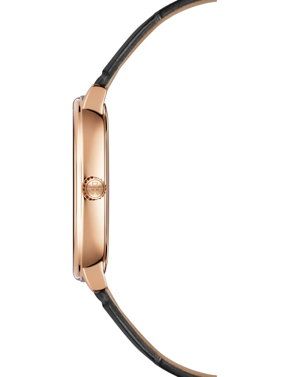 Side view of Raymond Weil wristwatch with stainless steel case, sunrayed red grape dial, black genuine calf leather.