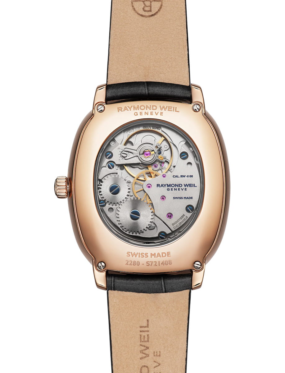 Back view of Raymond Weil wristwatch with stainless steel case, open case back, black genuine calf leather.