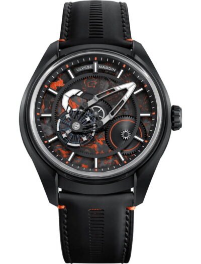 Ulysse Nardin wristwatch with titanium case, no dial, and black rubber strap.