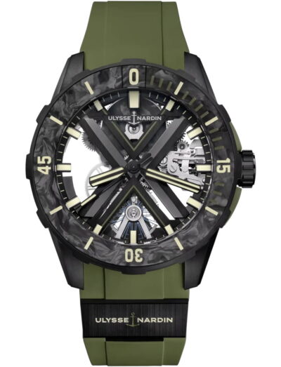 Ulysse Nardin wristwatch with carbonium black pvd titanium case, black dial and green rubber strap