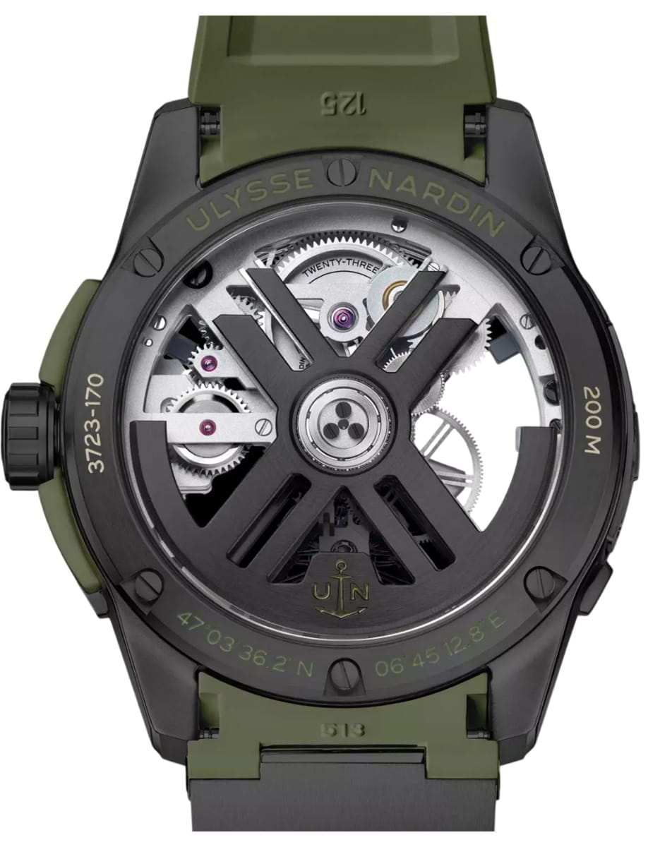 Back view of Ulysse Nardin wristwatch with carbonium black pvd titanium case, black dial and green rubber strap