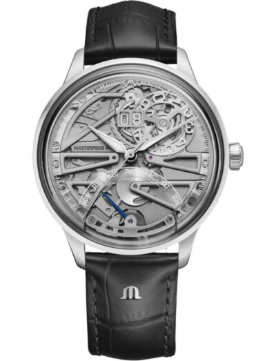 Maurice Lacroix 1975 wristwatch with stainless steel case, sapphire crystal dial, and black leather strap.