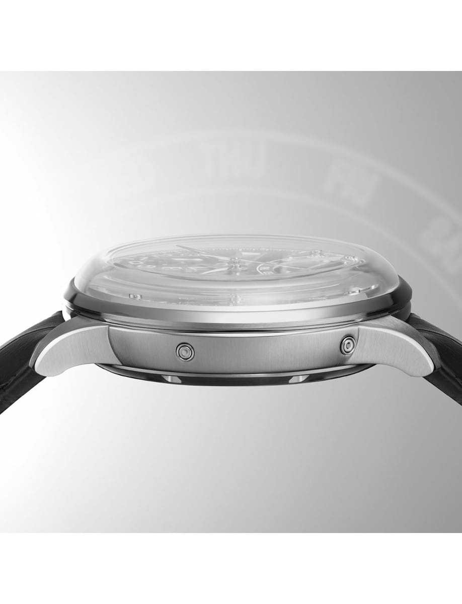 Side view of Maurice Lacroix 1975 wristwatch with stainless steel case, sapphire crystal dial, and black leather strap.