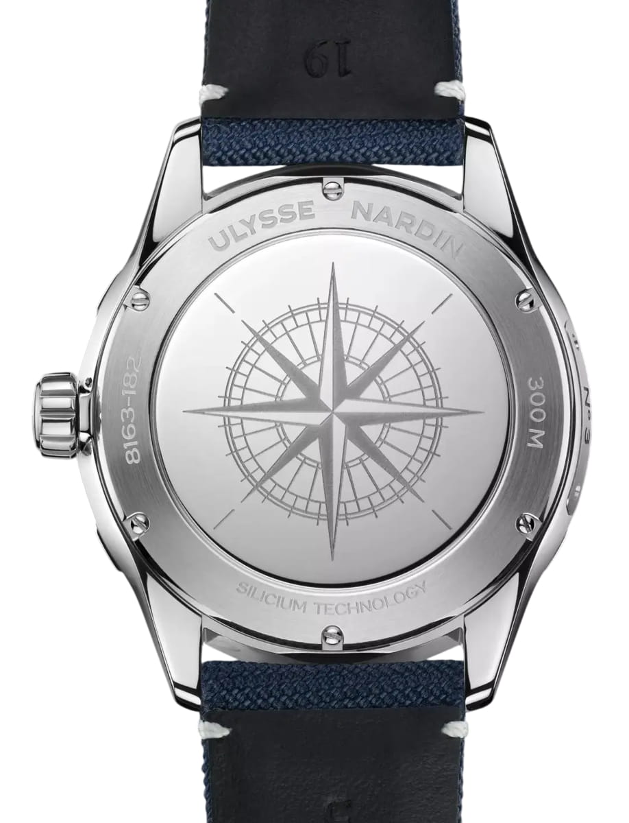Back view of Ulysse Nardin wristwatch with stainless steel case, blue dial and fabric blue strap