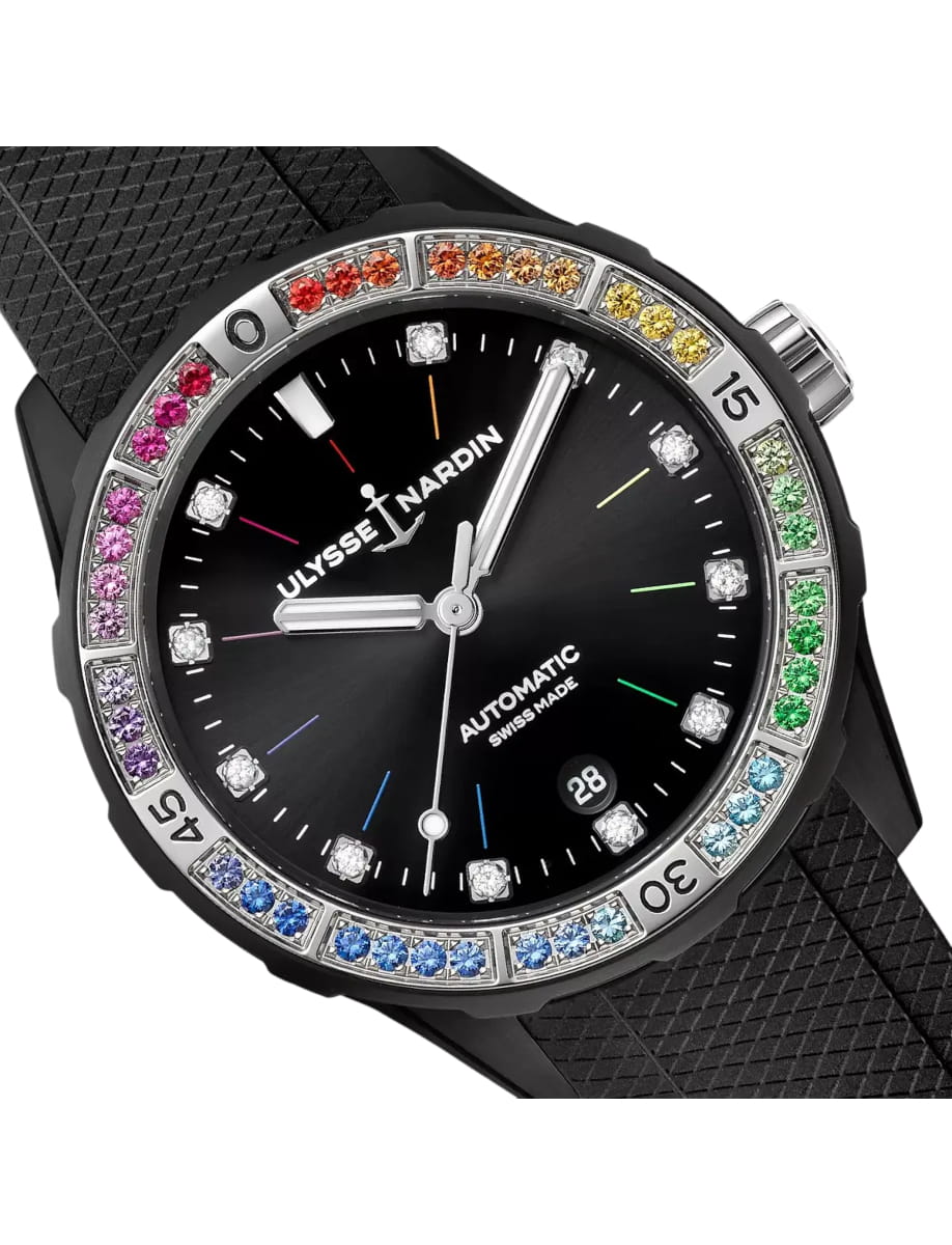 Front view of Ulysse Nardin wristwatch with stainless steel case, black dial and black rubber strap