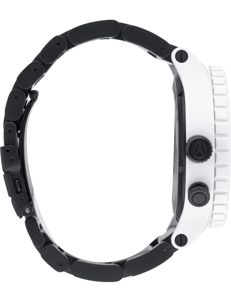 Side view of Nixon wristwatch with stainless steel case and bracelet.