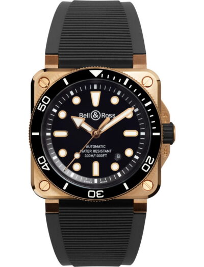 Bell&Ross wristwatch with bronze case, black dial, and black rubber and ultra-resilient black synthetic fabric strap.