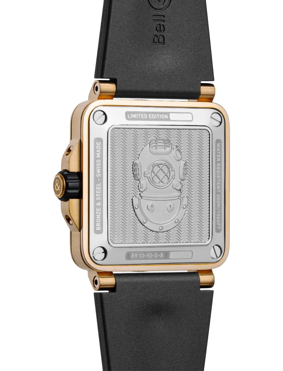 Back view of Bell&Ross wristwatch with bronze case, black dial, and black rubber and ultra-resilient black synthetic fabric strap.