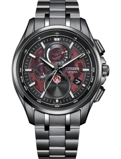 Citizen Attesa wristwatch with super titanium case and bracelet, and red dial.