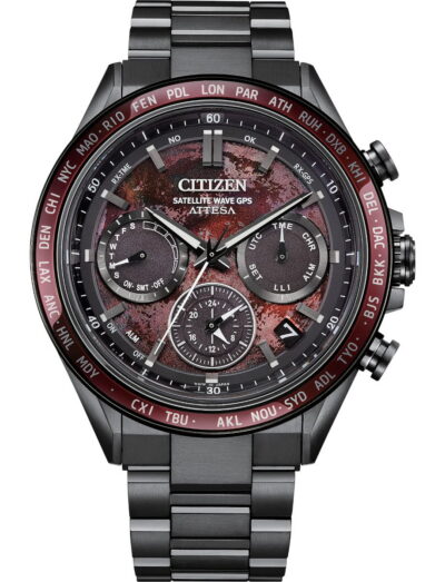 Citizen Attesa wristwatch with super titanium case and bracelet, and red dial.