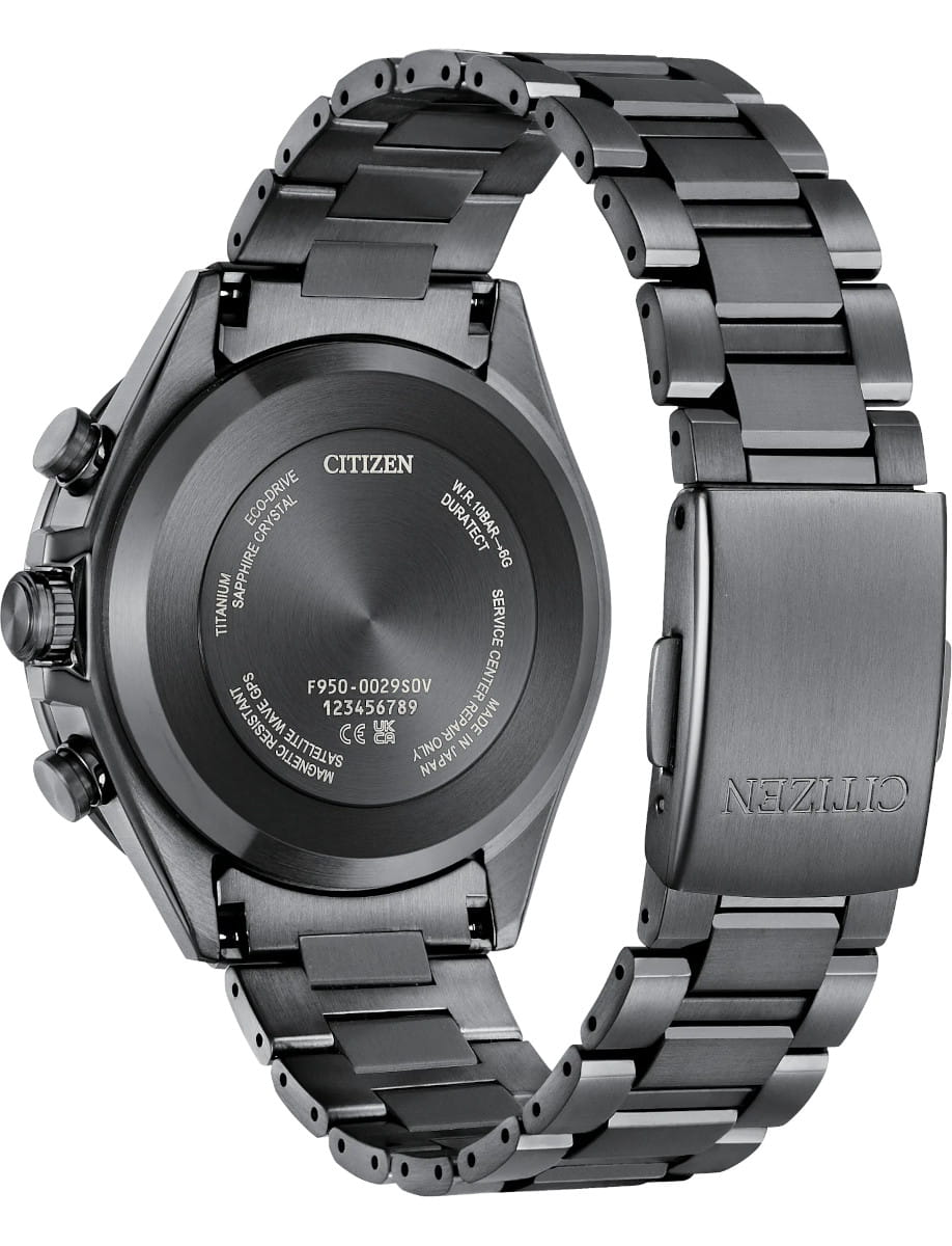 Back view of Citizen Attesa wristwatch with super titanium case and bracelet.