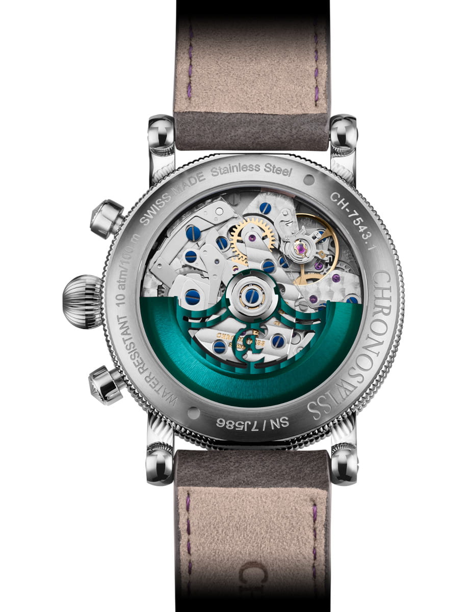 Back view of Chronoswiss Lunar Chronograph wristwatch with stainless steel case, Guilloché-decorated dial, and dark leather nubuck leather.