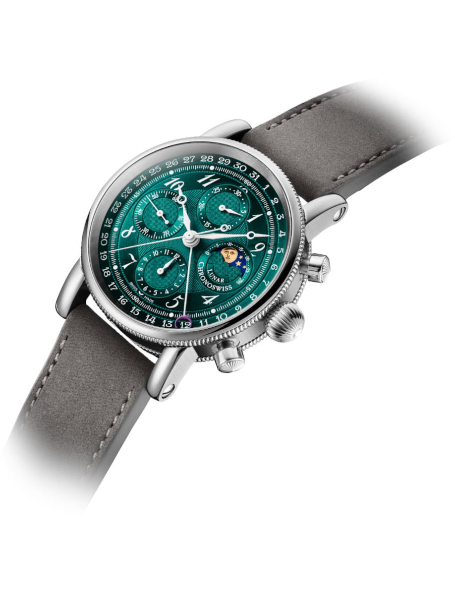 Front side view of Chronoswiss Lunar Chronograph wristwatch with stainless steel case, Guilloché-decorated dial, and dark leather nubuck leather.