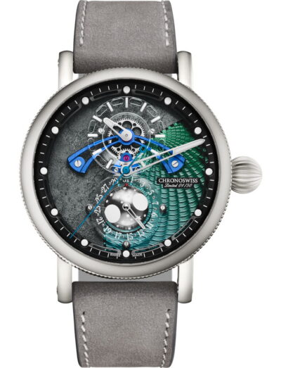 Chronoswiss wristwatch with stainless steel case, skeleton dial, and grey nubuck leather strap.