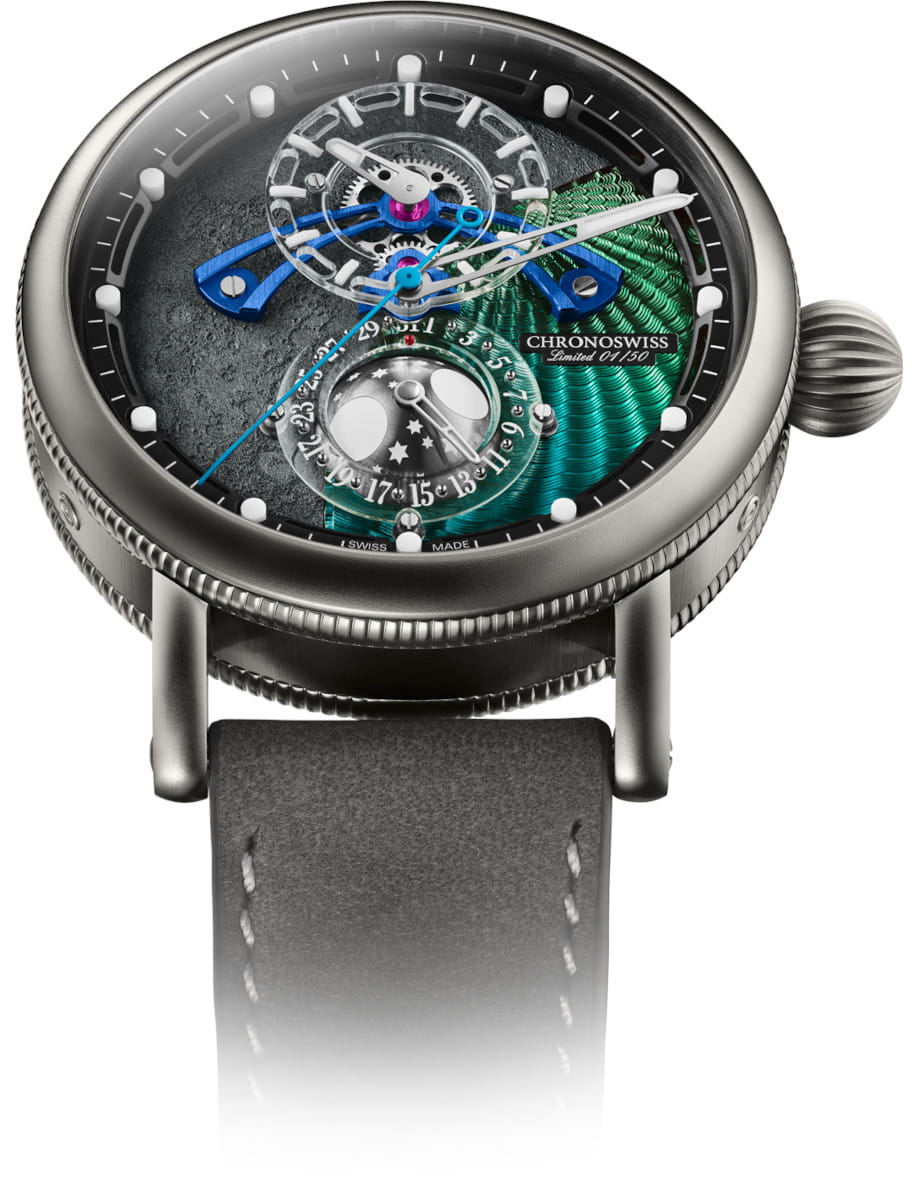 Front view of Chronoswiss wristwatch with stainless steel case, skeleton dial, and grey nubuck leather strap.