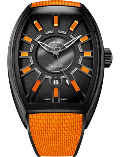 Franck Muller Curvex CX Flash wristwatch with carbon case, black dial, and orange nylon strap.