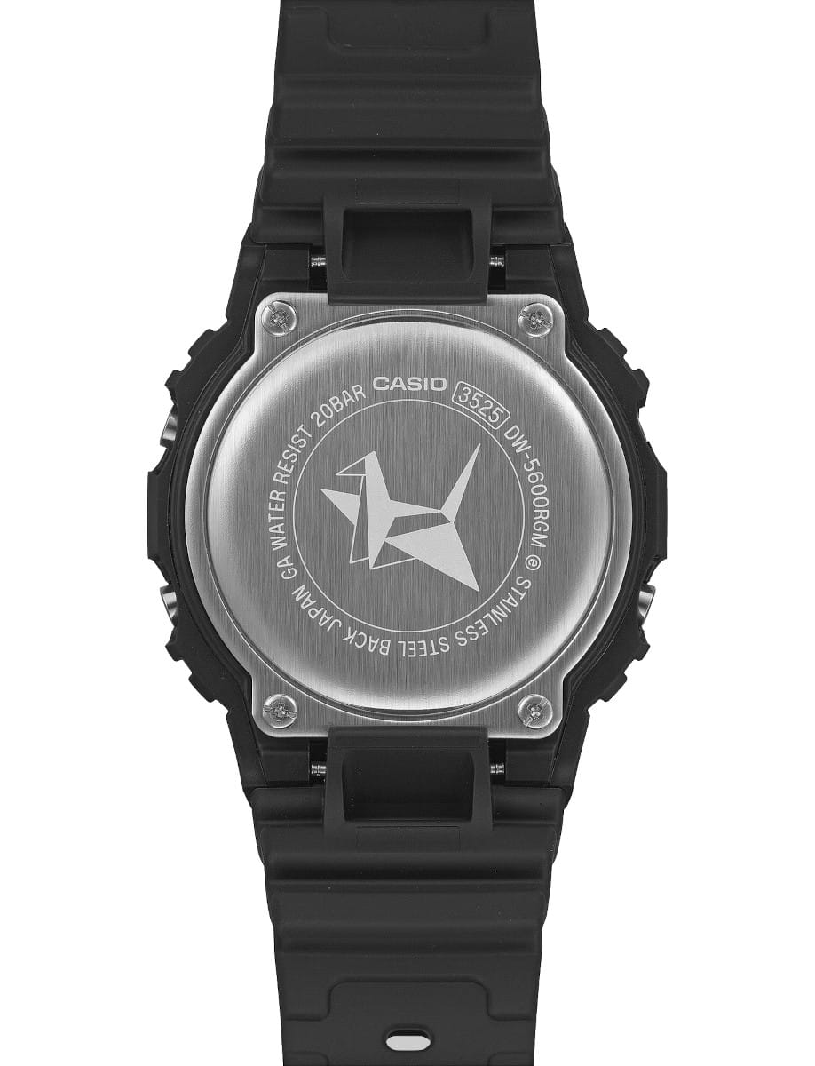 Back view of G-Shock wristwatch with resin case, black dial, and bio-based resin band.