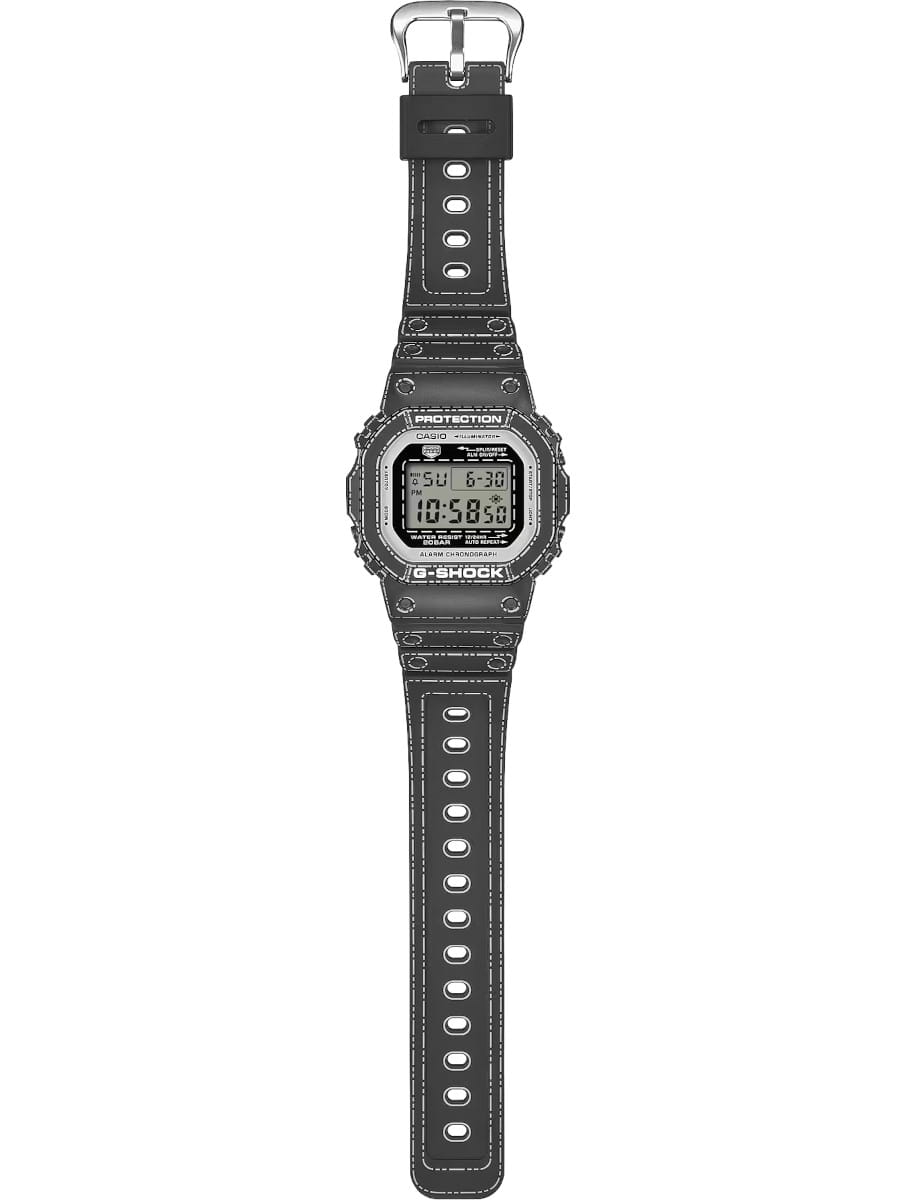 Full view of G-Shock wristwatch with resin case, black dial, and bio-based resin band.