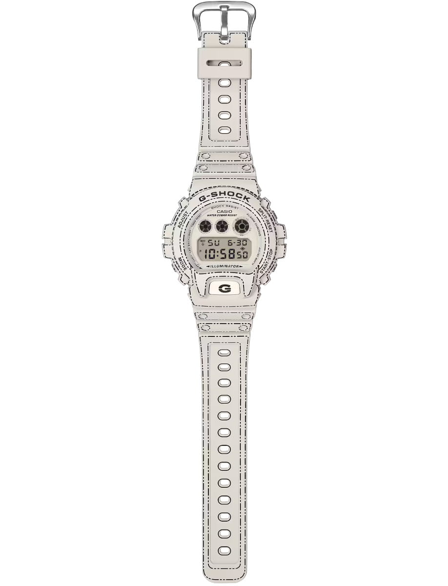 Full view of G-Shock wristwatch with resin case, white dial, and bio-based resin band.