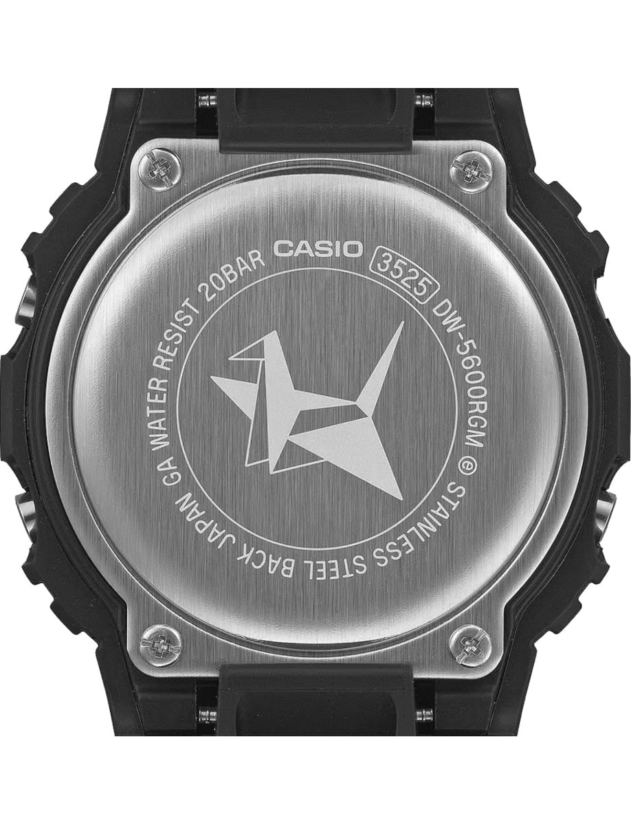 Back view of G-Shock wristwatch with resin case, white dial, and bio-based resin band.
