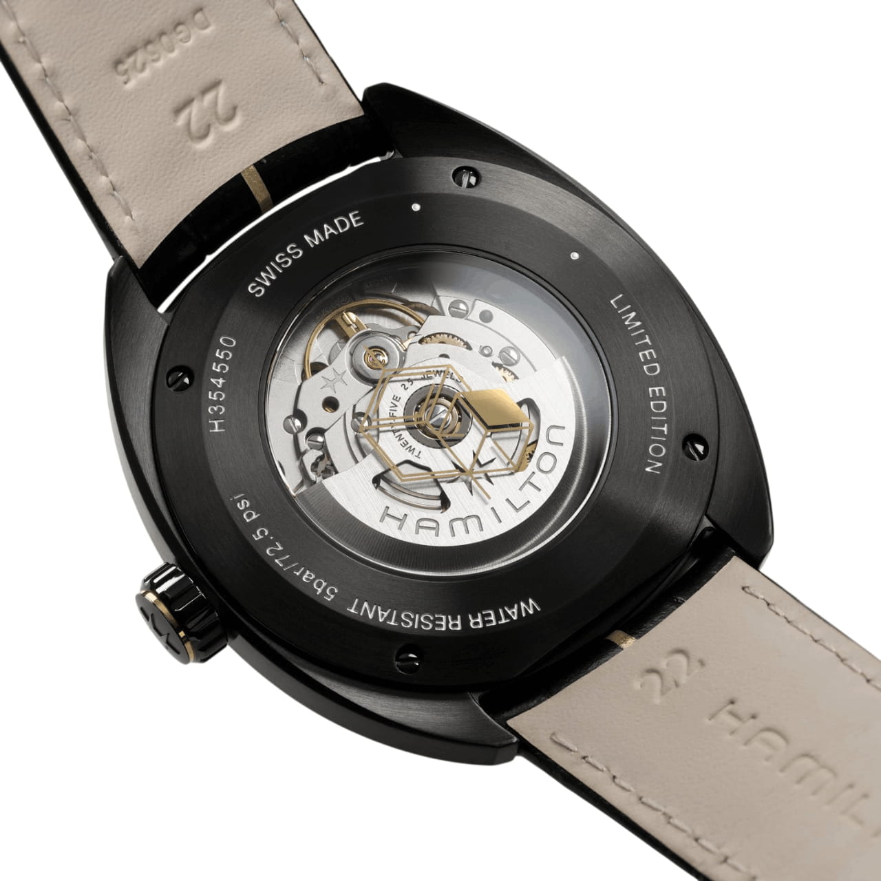 Back view of Hamilton American Classic Pan Europ Resident Evil Requiem wristwatch with black PVD plated stainless steel case, open case back, and black and yellow leather strap.