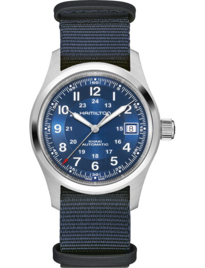 Hamilton Khaki Field wristwatch with stainless steel case, blue dial, and blue textile strap.