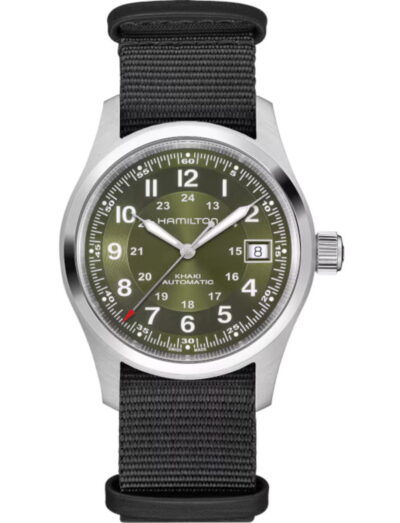 Hamilton Khaki Field wristwatch with stainless steel case, green dial, and black textile strap.