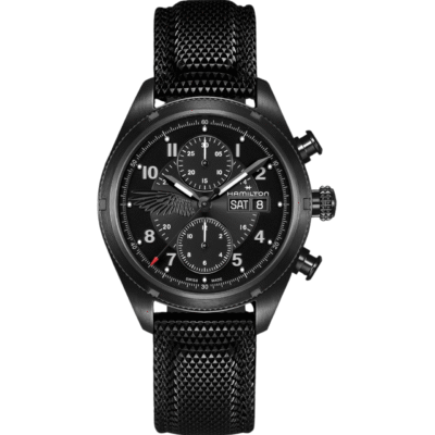 Hamilton Khaki Field Auto Chrono Resident Evil Requiem wristwatch with black pvd stainless steel case, black dial, and black synthetic strap.