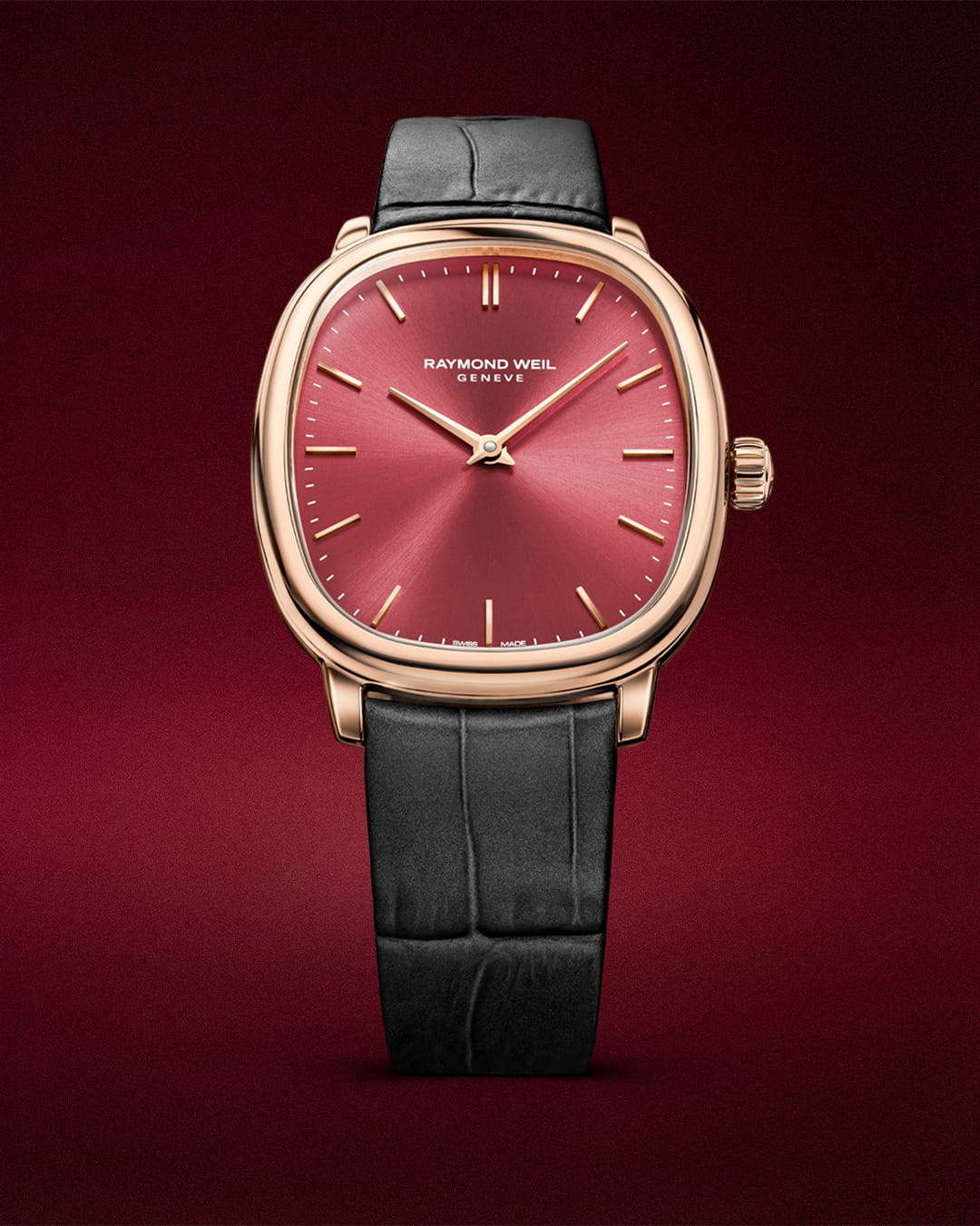 Hotlist image for Raymond Weil wristwatch with stainless steel case, sunrayed red grape dial, black genuine calf leather.