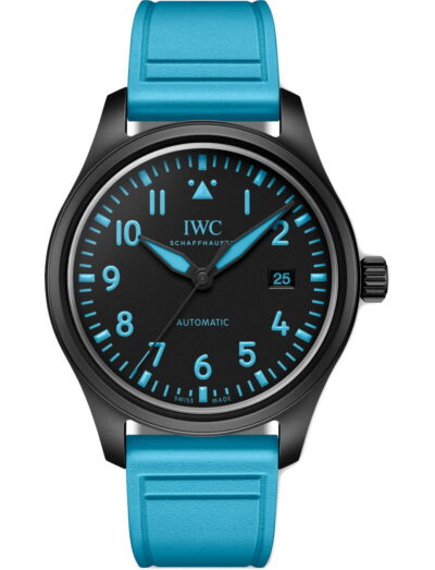IWC Pilot's Watch Automatic 41 George Russell with black ceramic case, black dial, and blue rubber strap. | Feldmar Watch Co. IWC Pilot's Watch Automatic 41 George Russell with black ceramic case, black dial, and blue rubber strap.