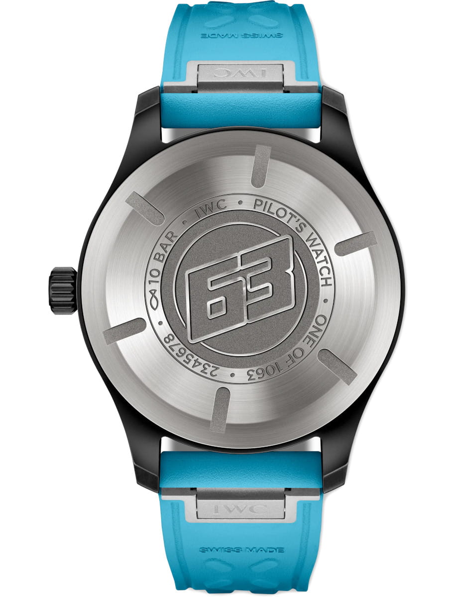 Caseback view of IWC Pilot's Watch Automatic 41 George Russell with black ceramic case, solid caseback, and blue rubber strap.