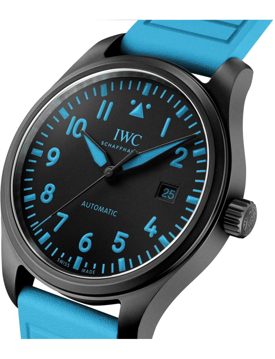 Side view of IWC Pilot's Watch Automatic 41 George Russell with black ceramic case, solid caseback, and blue rubber strap.