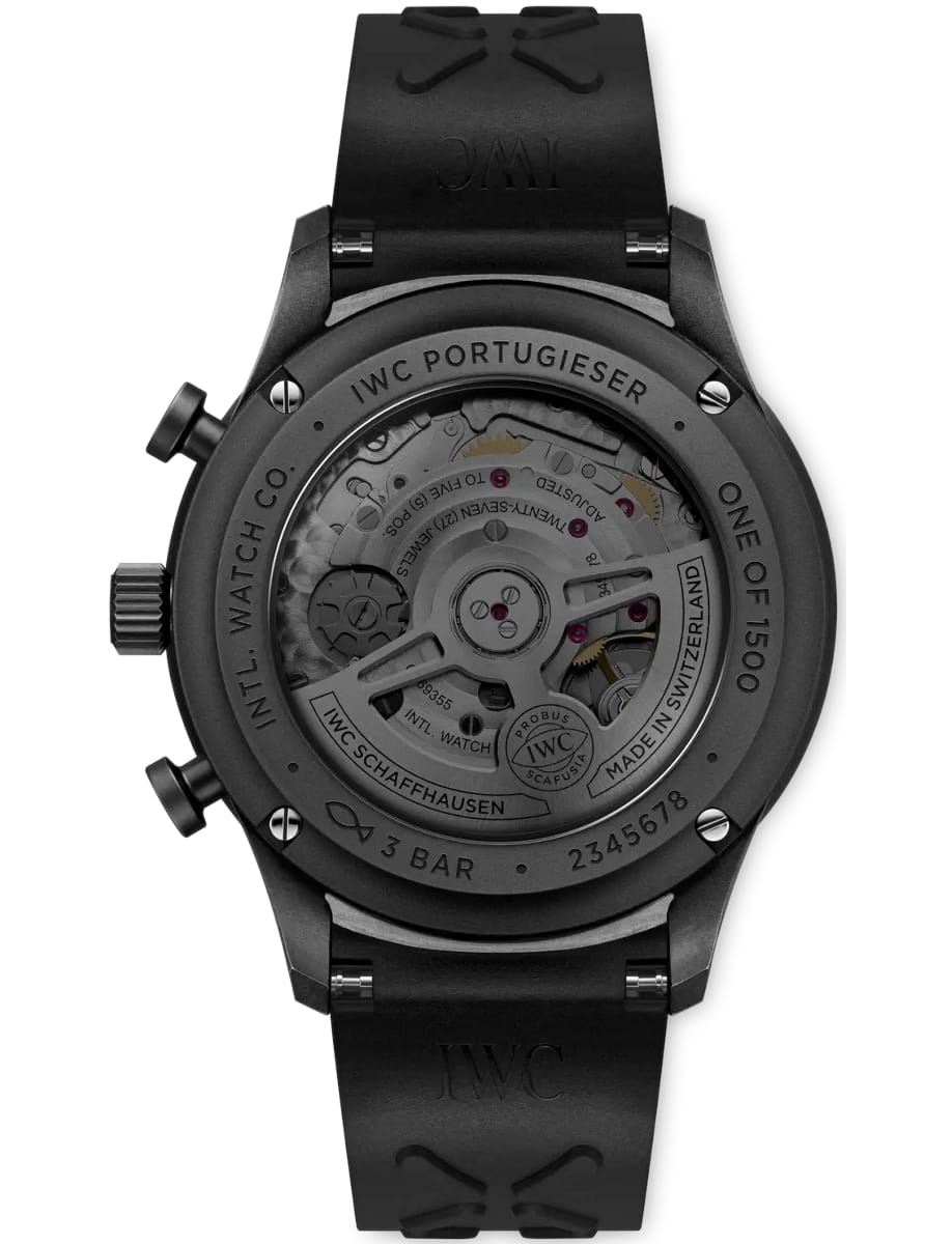 Back view of IWC wristwatch with Ceratanium case black dial and black rubber strap