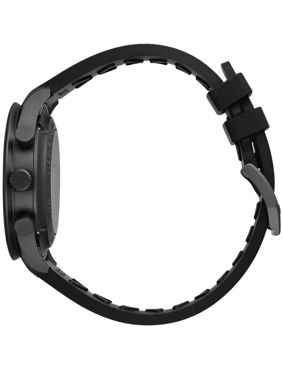 Side view of IWC wristwatch with Ceratanium case black dial and black rubber strap