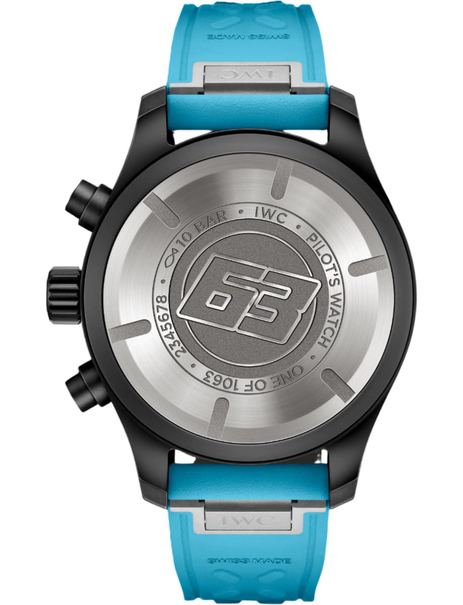 Case back view of IWC Pilot's Watch Chronograph 41 George Russell wristwatch with black ceramic case, solid caseback, and blue rubber strap.