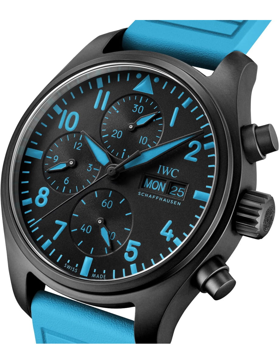 Side view of IWC Pilot's Watch Chronograph 41 George Russell wristwatch with black ceramic case, black dial, and blue rubber strap.