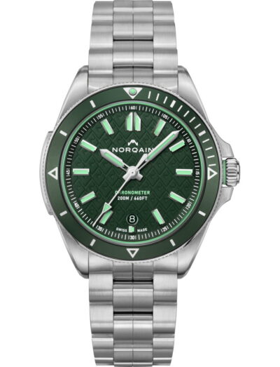Norqain wristwatch with stainless steel case and bracelet and green dial