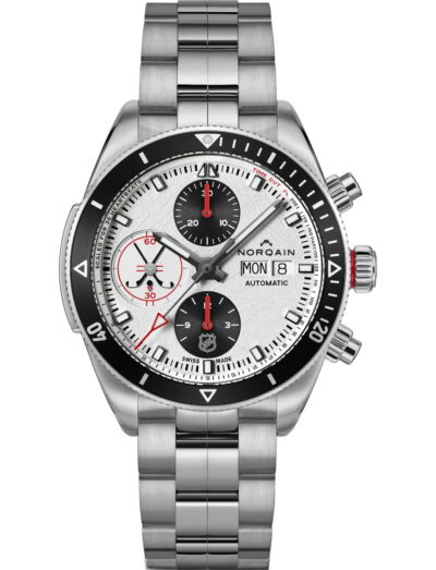 Norqain wristwatch with stainless steel case and bracelet, and white dial with black counters.