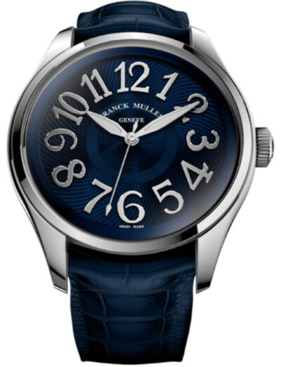 Franck Muller wristwatch with stainless steel case, navy dial, and navy hand sewn alligator strap.