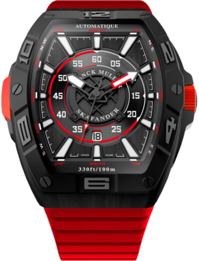 Franck Muller wristwatch with titanium case with deep black PVD coating, black dial, and red rubber strap.