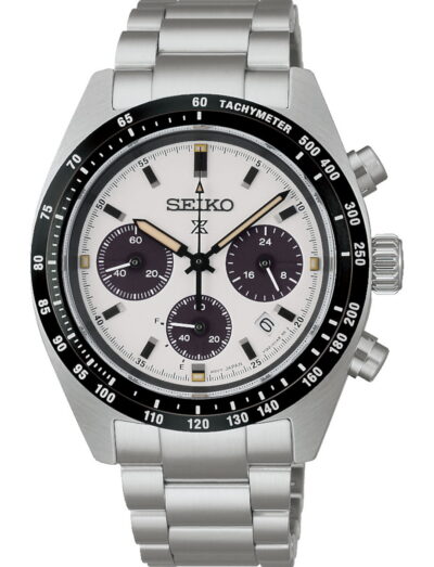 Seiko Prospex wristwatch with stainess steel case and bracelet, and white dial.