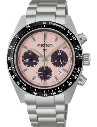 Seiko Prospex wristwatch with stainess steel case and bracelet, and pink dial.