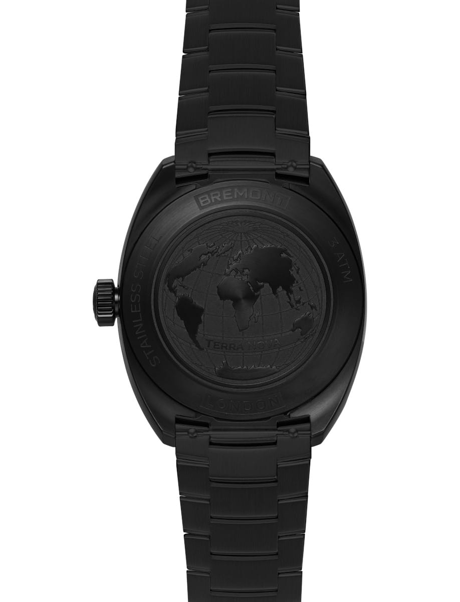Back view of Bremont Terra Nova wristwatch with stainless steel case and bracelet, and black dial